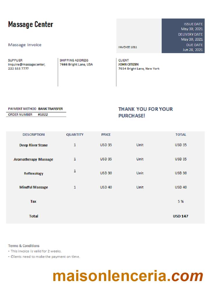 USA Massage Center faktura słowo i szablon PDF